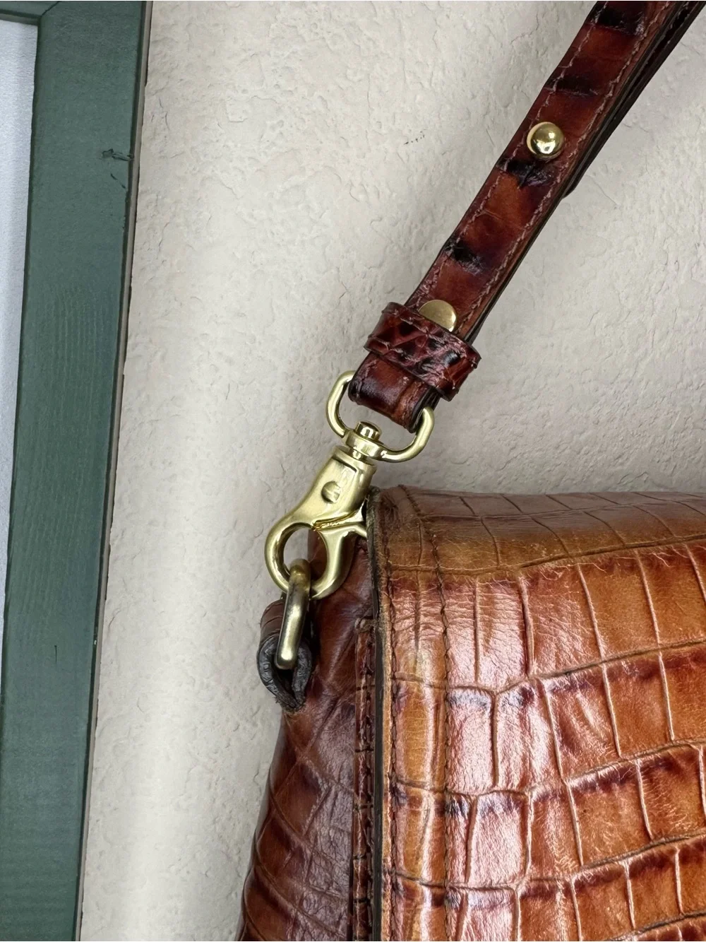 BRAHMIN | Cognac Croc-Embossed Leather Satchel with Gold Hardware